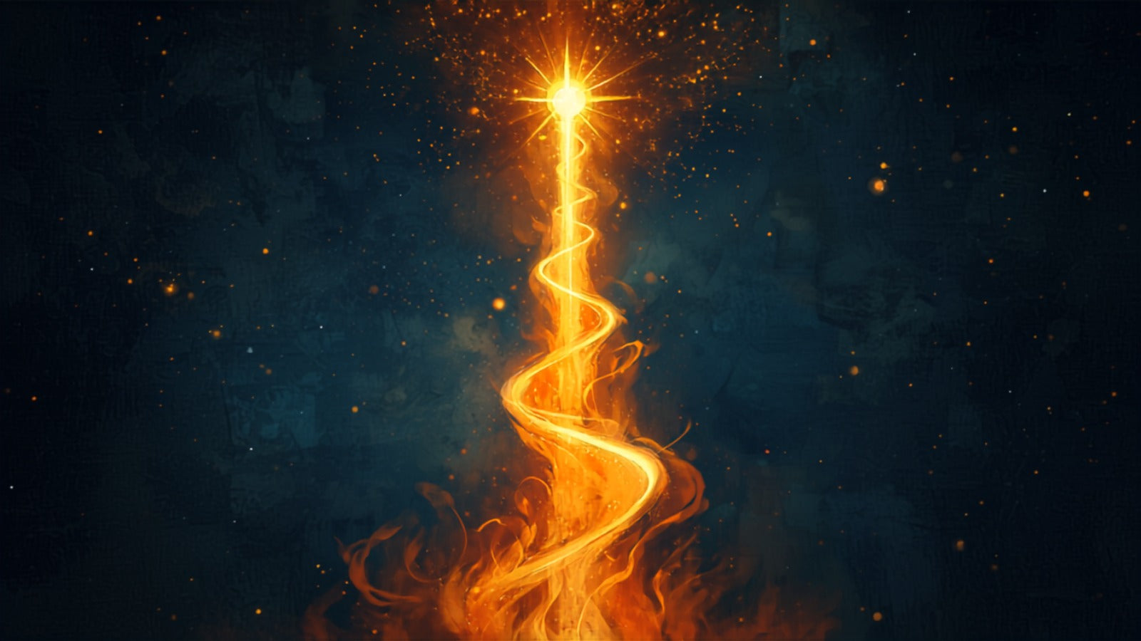 A golden ascending helix of fire rising up a central channel to a bright crown star in a deep cosmos — kundalini rising