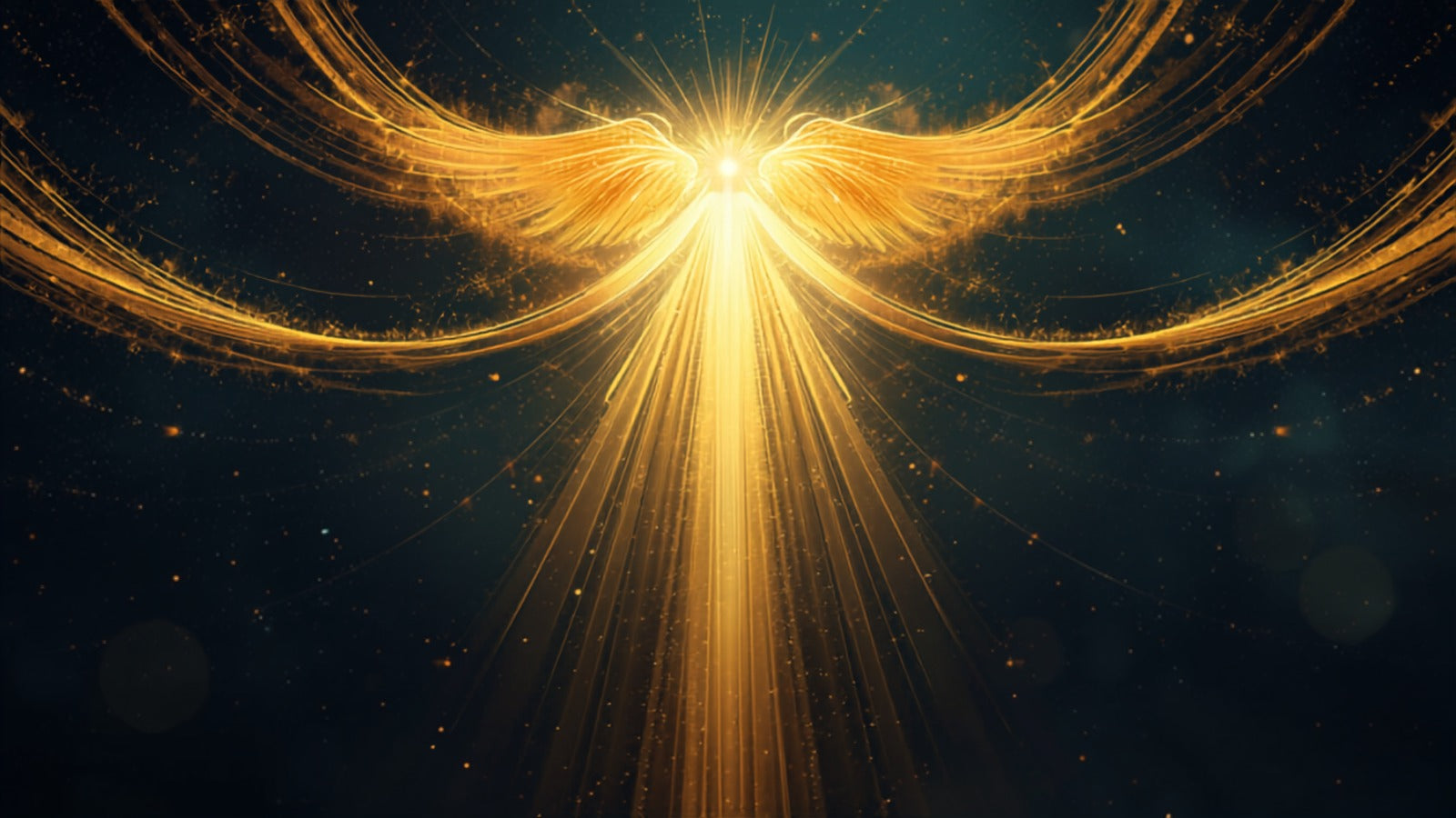 Two golden streams spiraling around a central column of light rising to a winged radiant apex in a deep cosmos — the caduceus