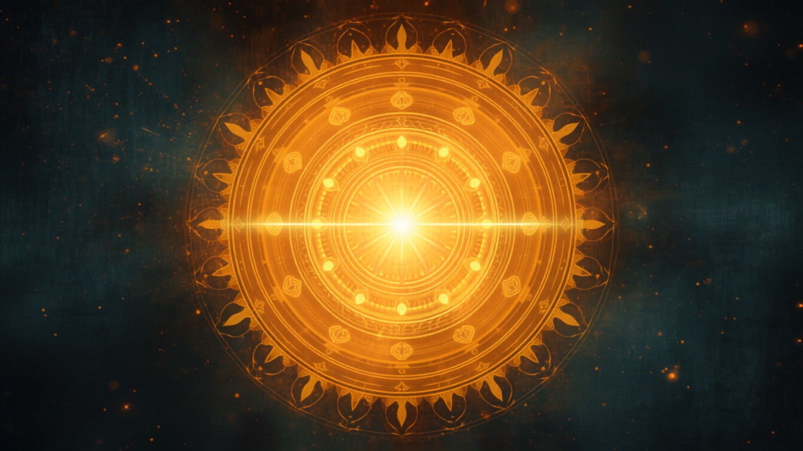 A luminous golden mandala of concentric symmetrical rings and radial petals around a bright center in a deep cosmos — the body as a circle of wholeness