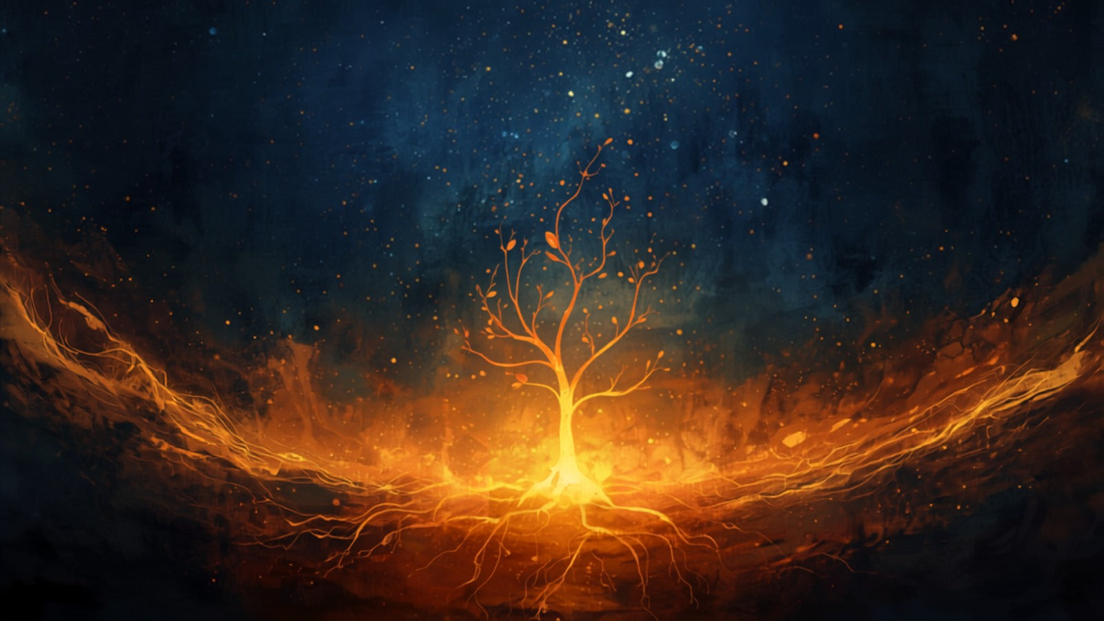 A warm golden glow with roots of light descending into a dark grounded foundation, deep cosmos above — the root chakra