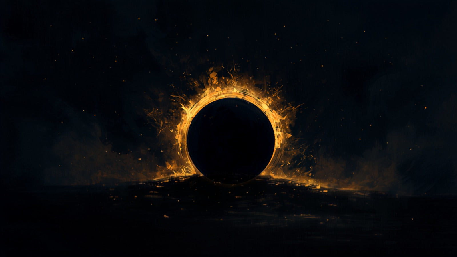 A dark distant orb wreathed in smoldering golden-amber light rising from shadow in a deep cosmos — Pluto, death and rebirth
