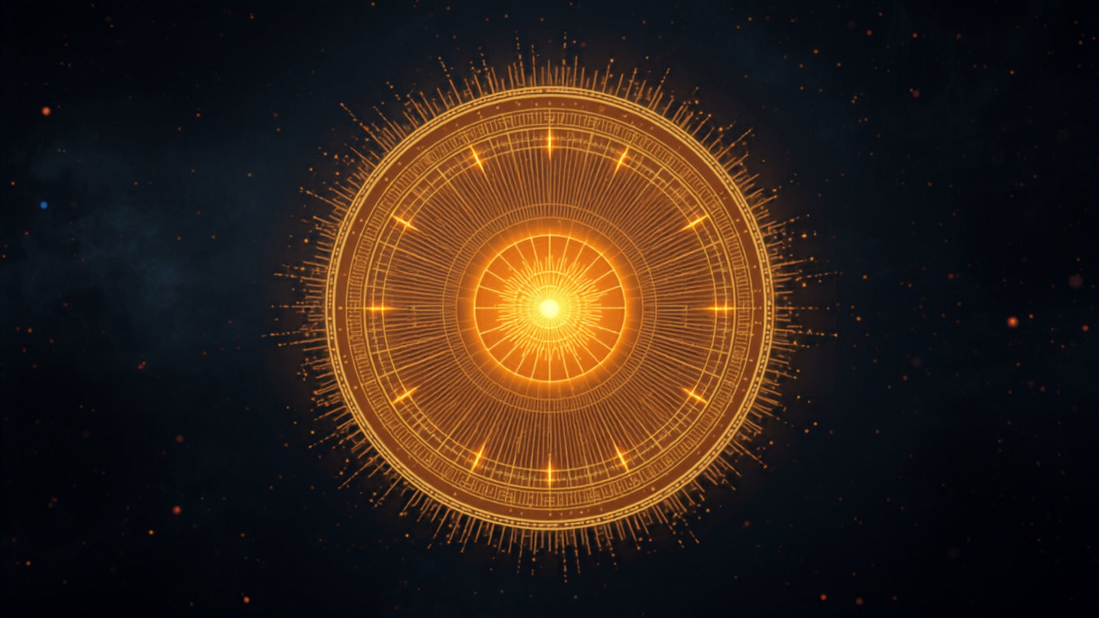 A luminous golden circular chart-dial divided into segments by radiating spokes with points of light around the rim, in a deep cosmos — a birth chart