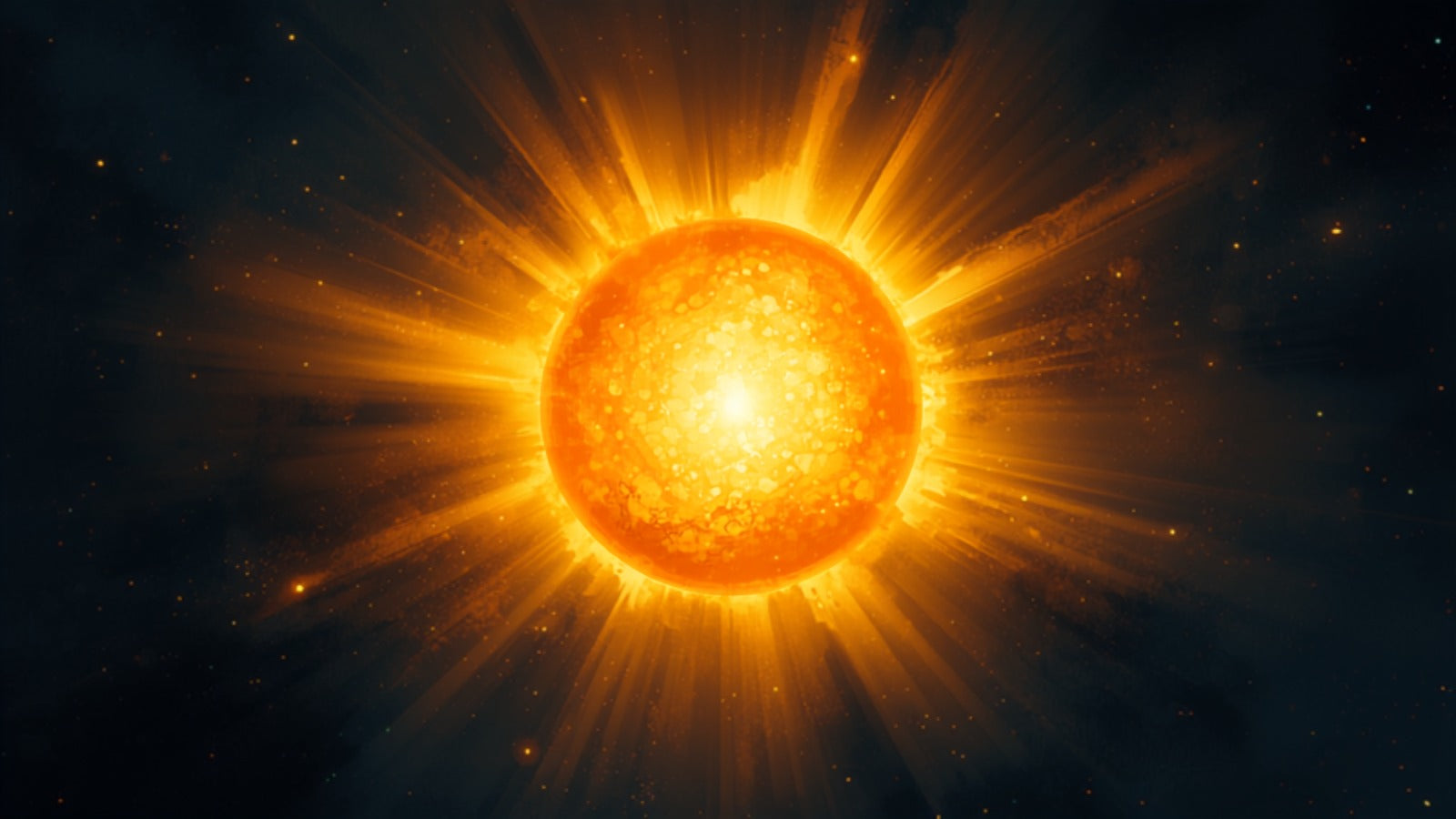 A brilliant radiant golden sun blazing at the center, rays spreading outward in a deep cosmos — the Sun, the body's vital center