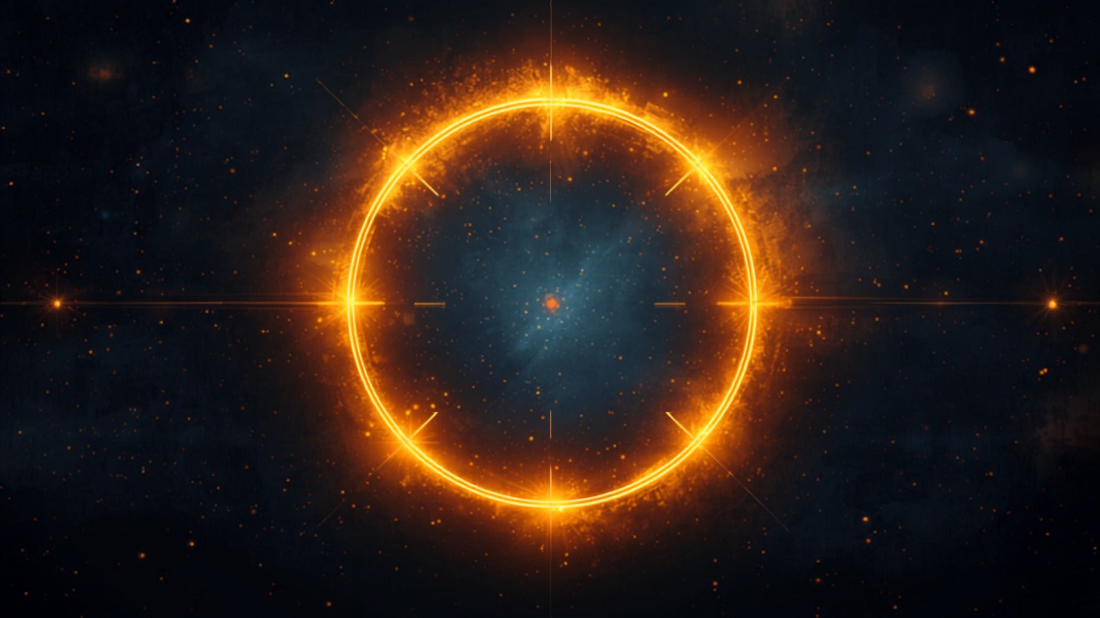An eight-spoked wheel of golden light, bright across one half and shadowed across the other, in a deep cosmos — the Wheel of the Year