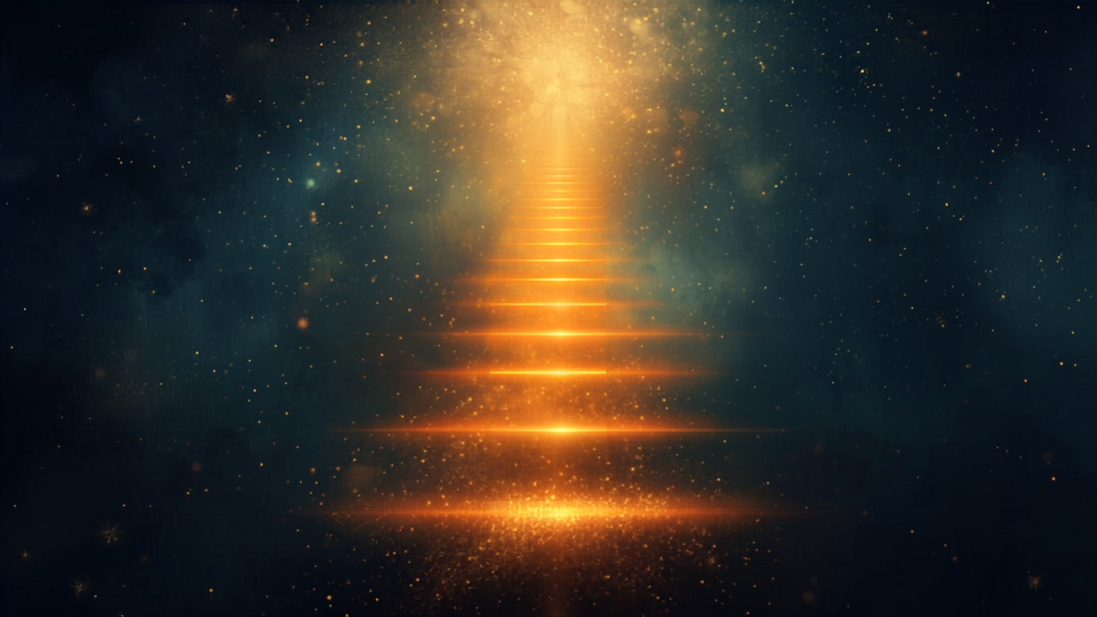 Eight glowing points of golden light ascending in a luminous stairway into a deep cosmos — the eight limbs of yoga