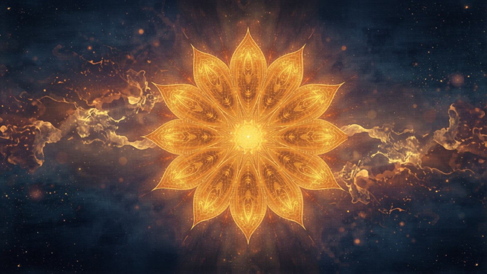 A twelve-petal golden mandala over a cosmic sky