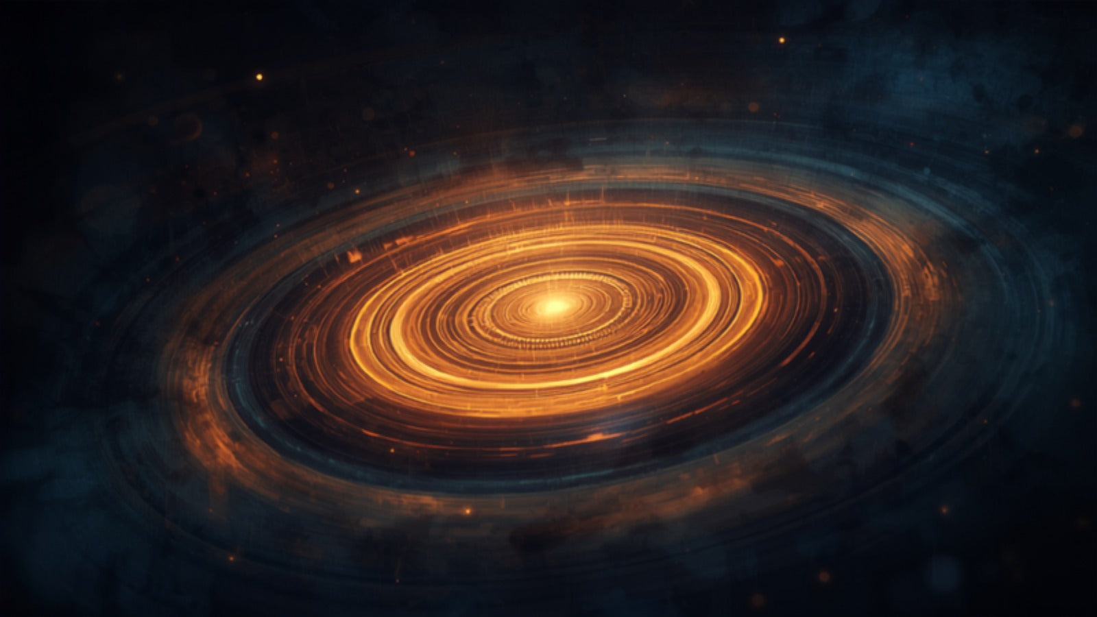 Concentric rings of warm golden light rippling outward from a central point like waves of sound in a deep cosmos — mantra as vibration