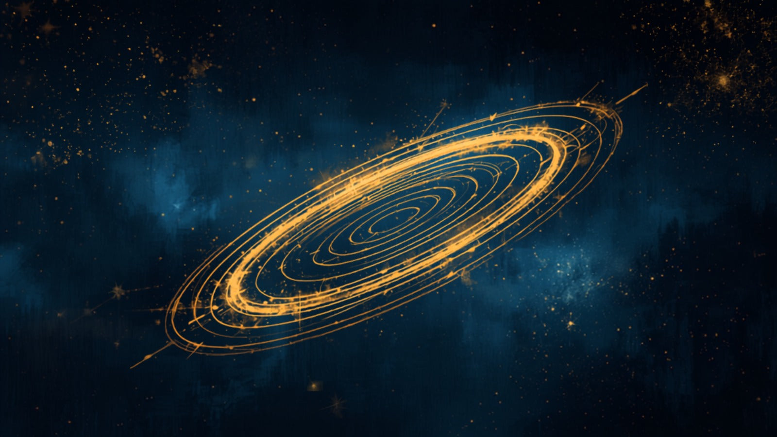 A golden celestial dial divided into many fine segments, turning in a deep cosmic dark — the thirty-six decans