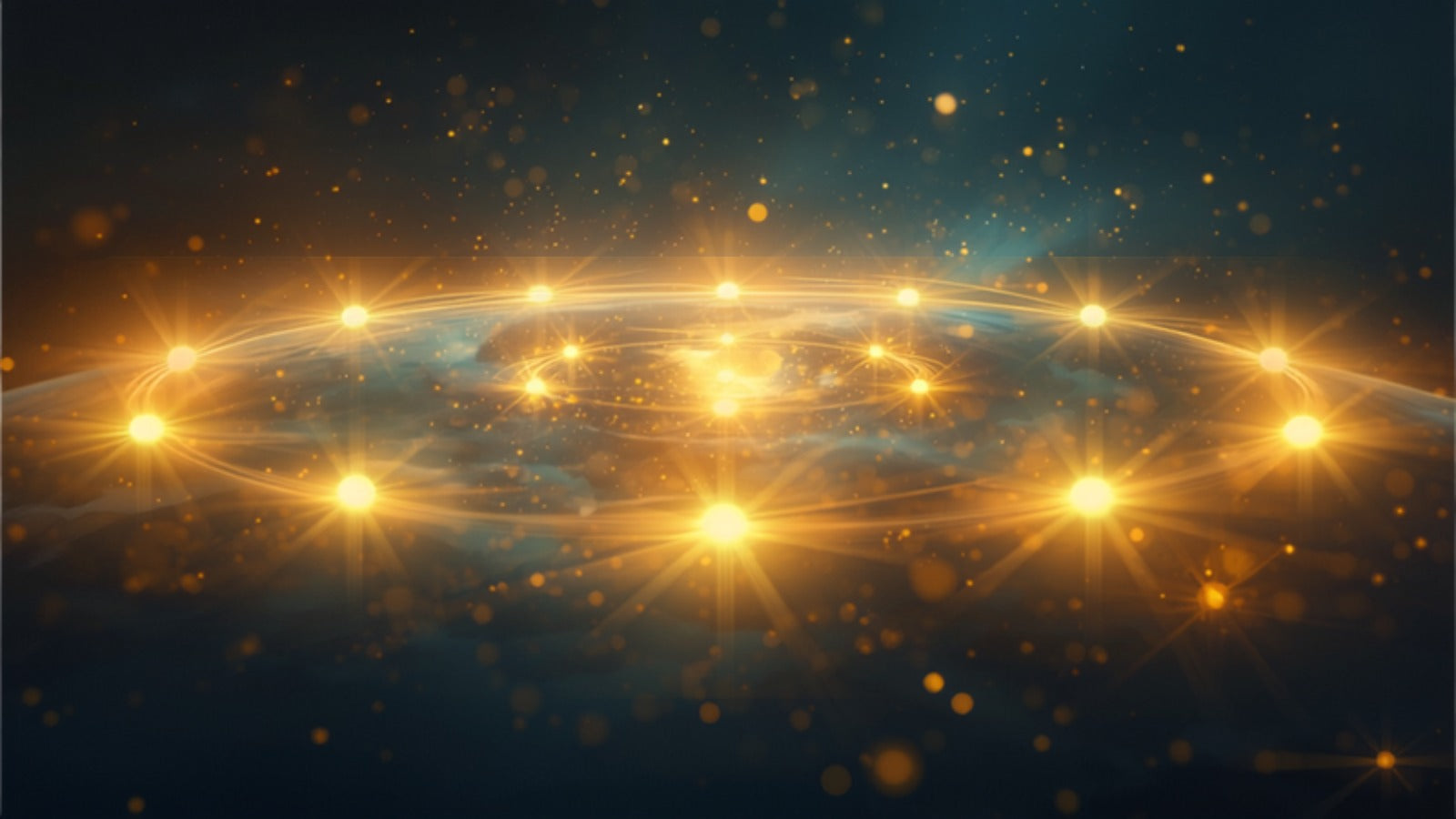 Seven points of golden light circling through a deep cosmic dark — the seven planets of the week