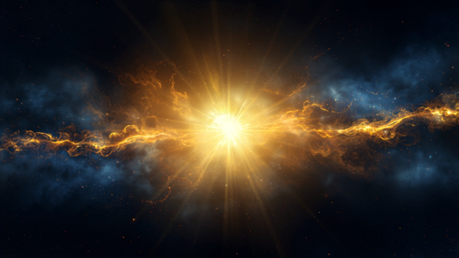 Four pools of golden light — bright, fiery, deep, and flowing — meeting in balance in a deep cosmic dark — the four temperaments