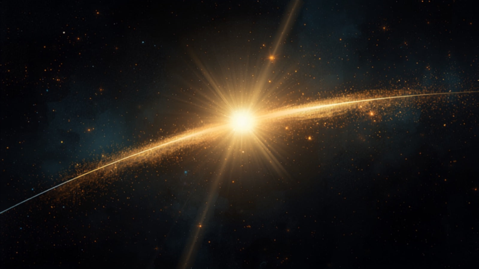 A bright golden orb travelling along a luminous arc to meet a ring of fixed golden points, the contact flaring with light, in a deep cosmos — a transit