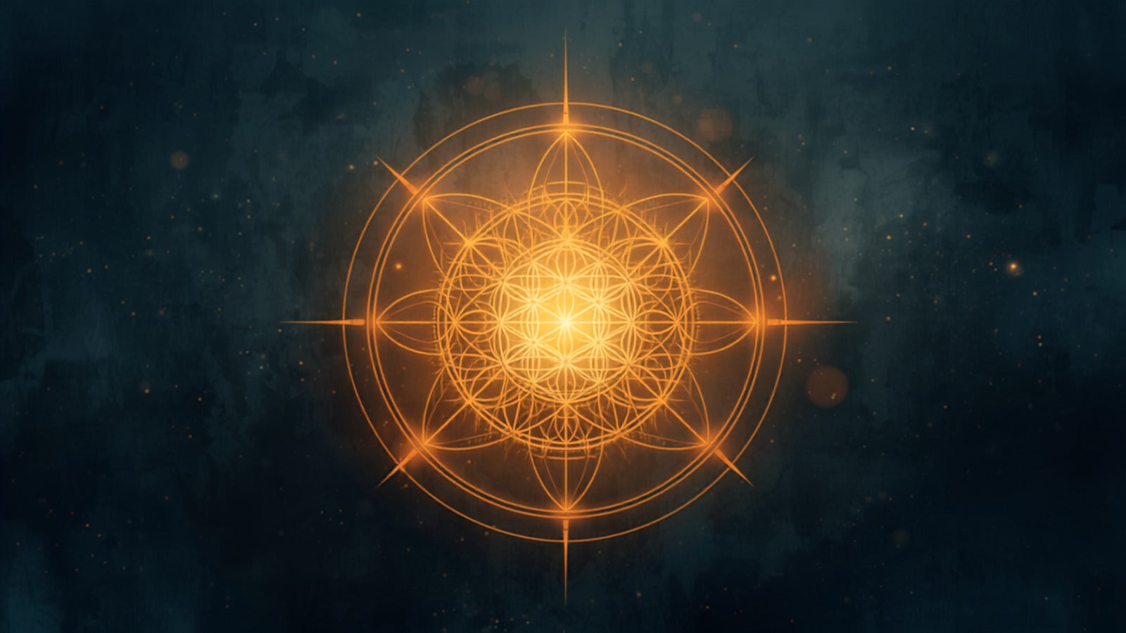 Fine golden lines forming overlapping circles and a luminous geometric figure in a deep cosmic dark — the sacred geometry of the body