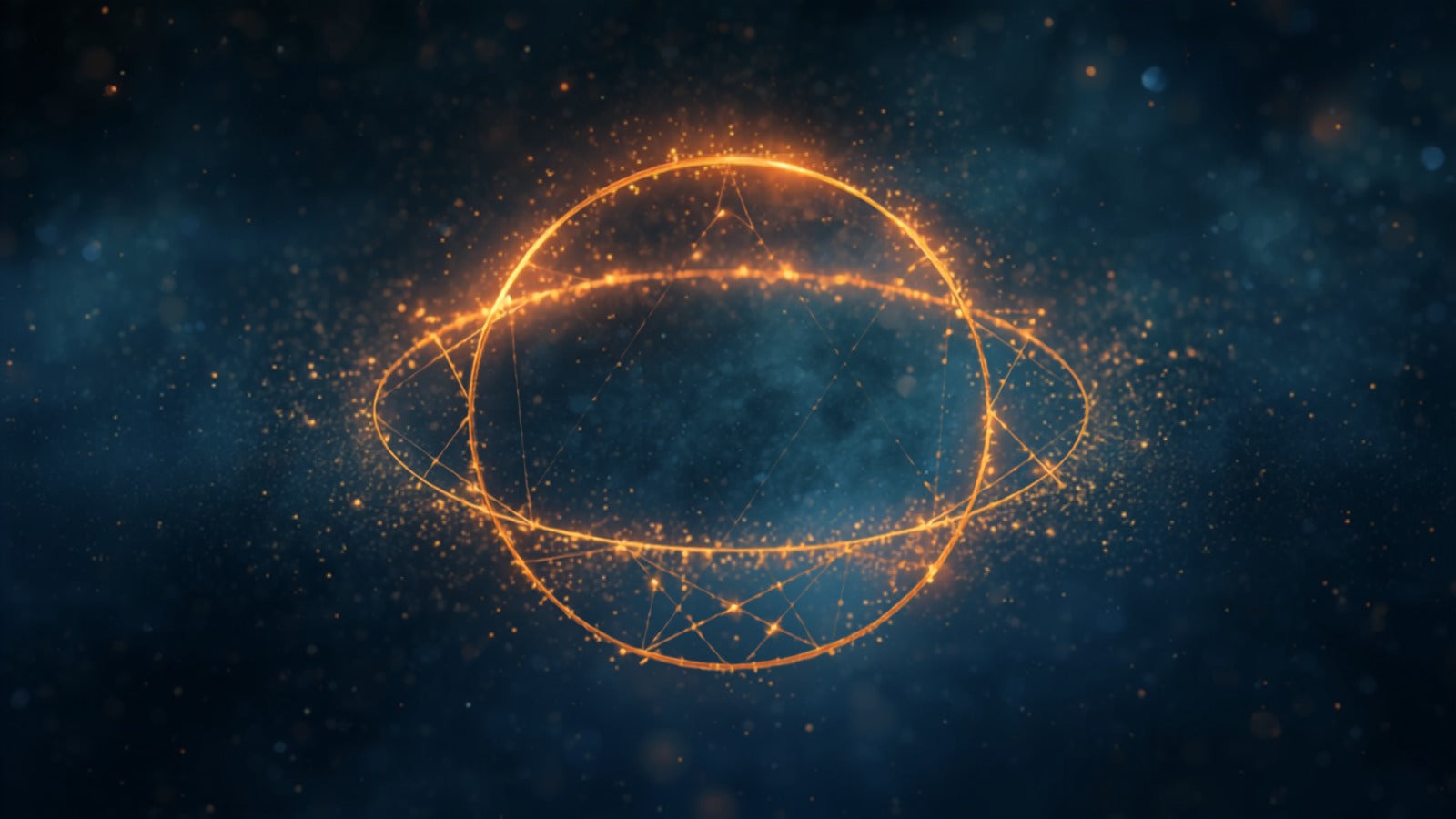 Golden points around a ring joined by fine crossing lines of light, a web of angles, in a deep cosmic dark — the aspects of a chart