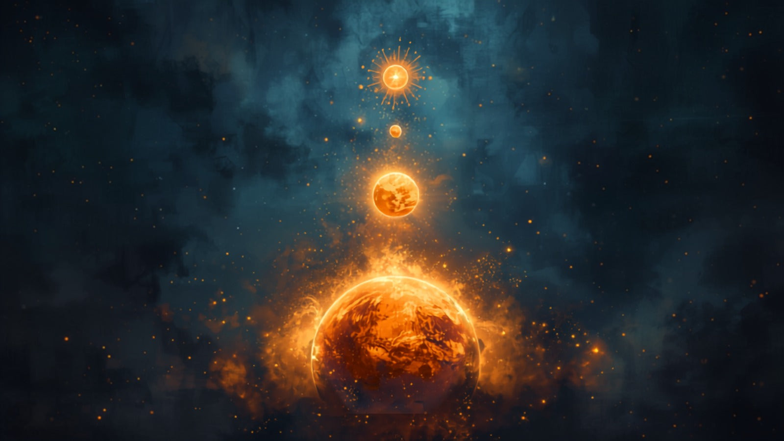 Three glowing golden orbs aligned vertically, the lowest largest and most radiant, in a deep cosmos — the three dantians