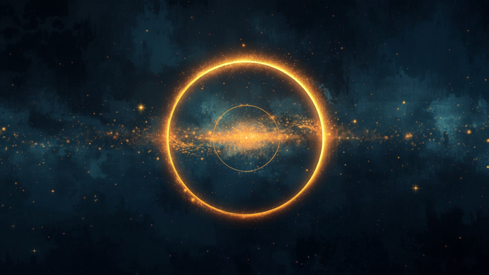 Two luminous golden rings slightly offset and overlapping, one solid, one of star-points, in a deep cosmos — the tropical and sidereal zodiacs