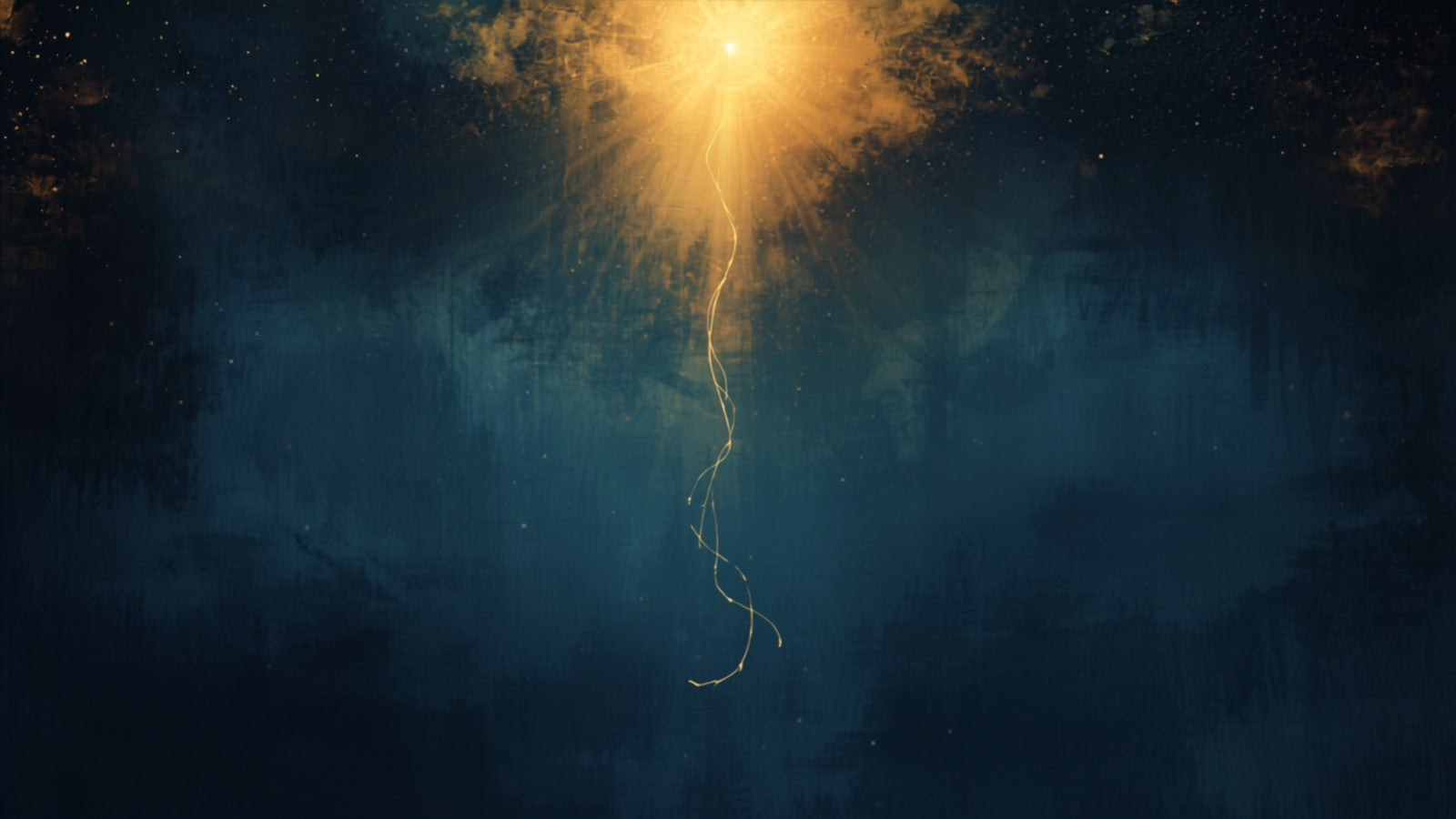 A single soft golden thread of light wandering and branching gently downward through a calm deep cosmos — the vagus nerve