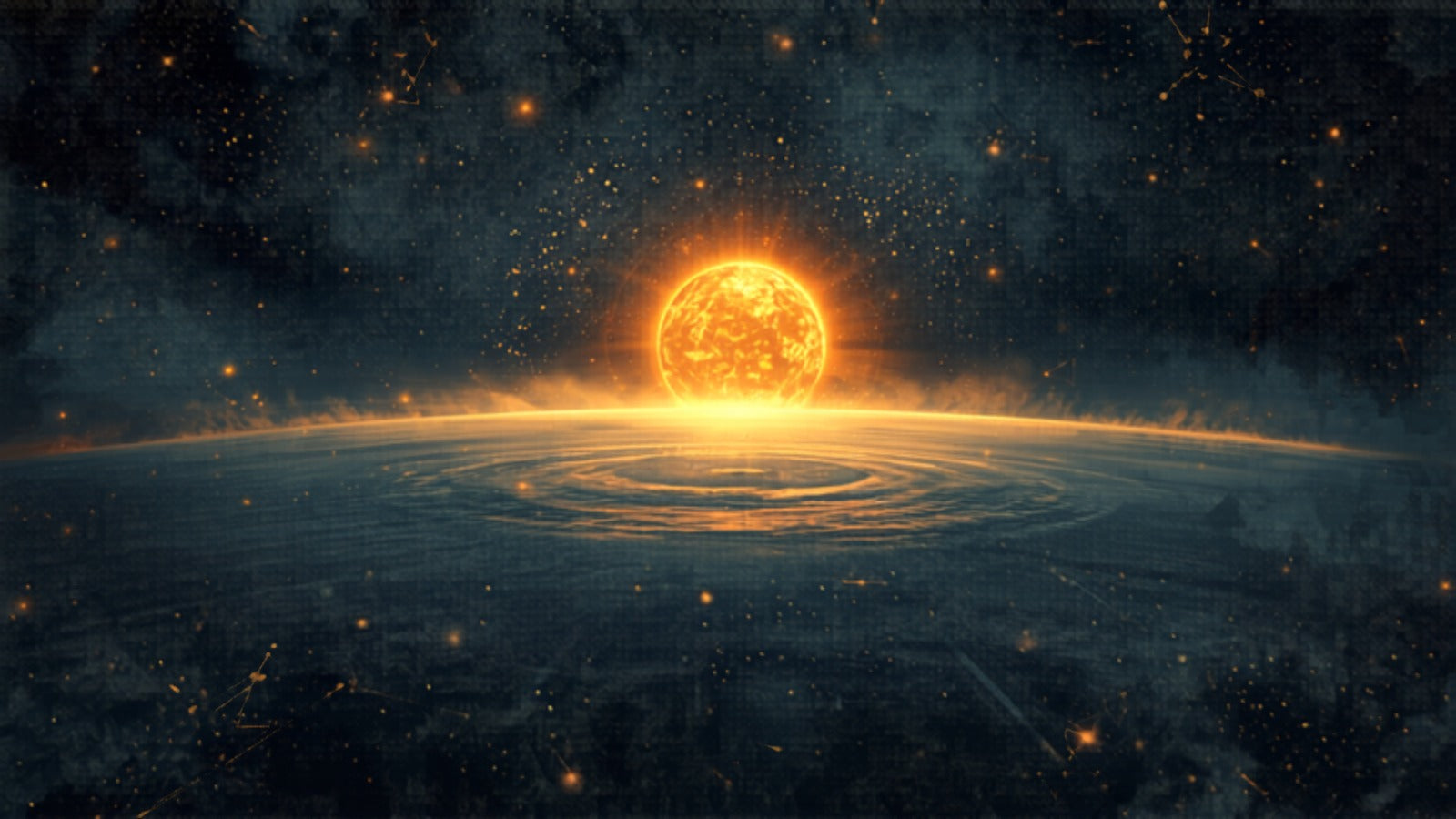 A golden sun mirrored in still water beneath a deep cosmic sky — as above, so below