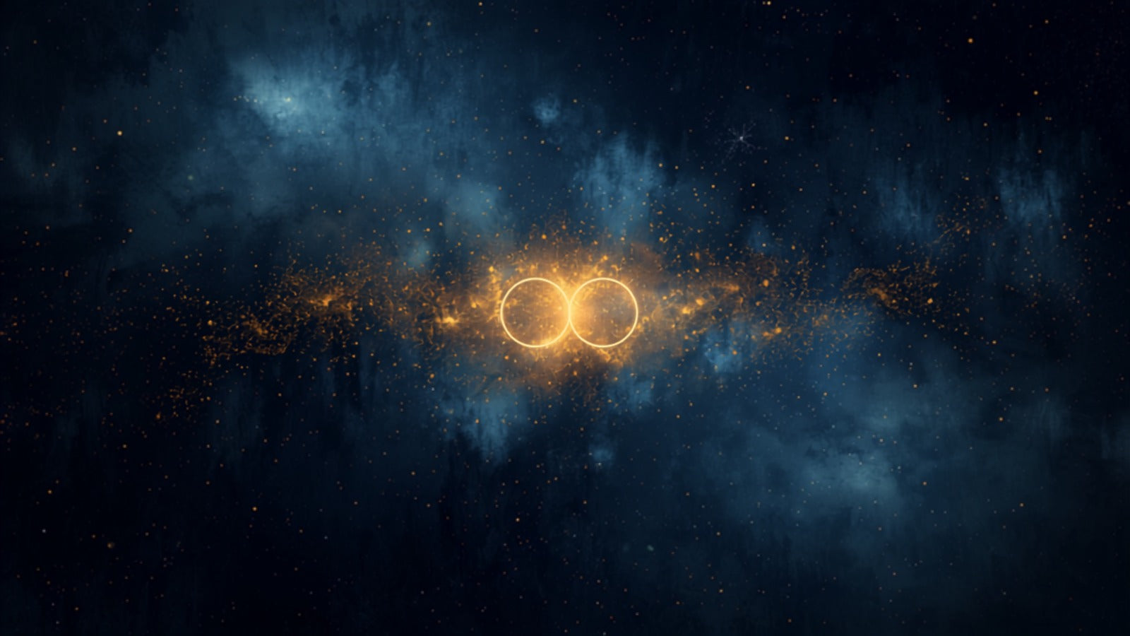 Two balanced forms of golden light held in perfect symmetry across a central axis in a deep cosmic dark — Libra, the lower back and the body's balance