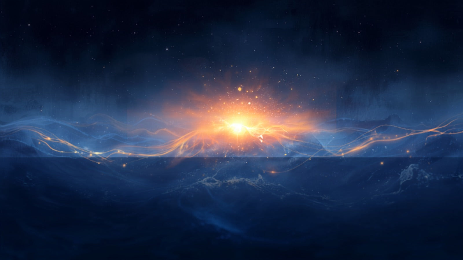 A soft oceanic dissolution of golden and deep-blue light melting into one another like luminous water in a deep cosmos — Neptune, dissolution and flow