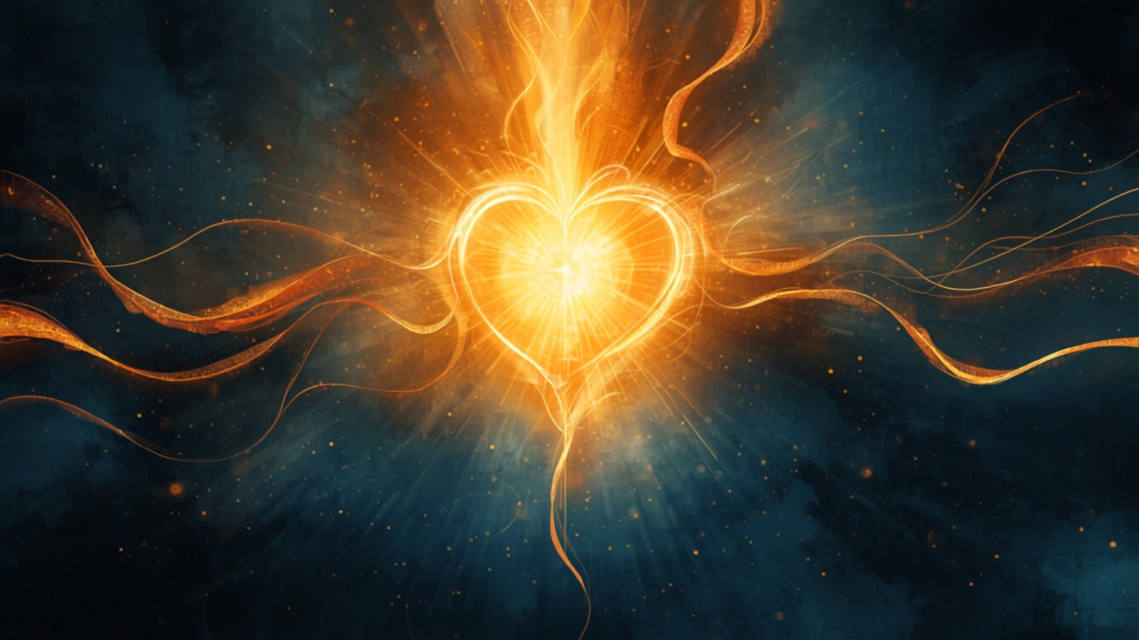 A luminous golden-blue center releasing flowing ribbons of light rising upward in a deep cosmos — the throat chakra