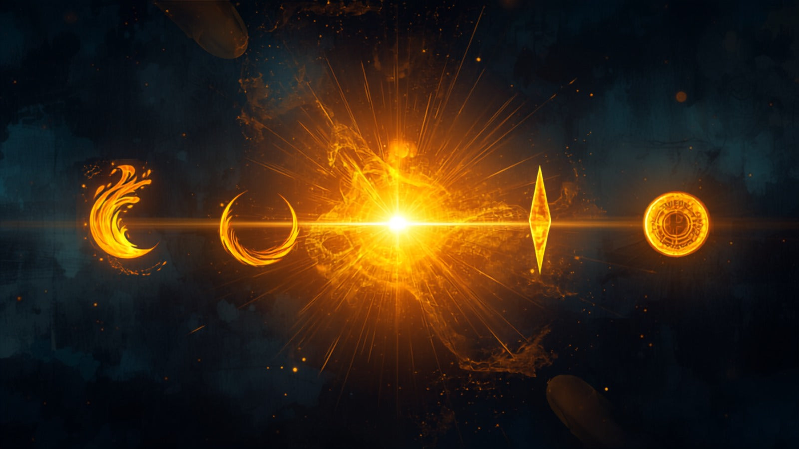 Four distinct emblems of golden light — flame, water, blade, and coin — around a center in a deep cosmos, the four tarot suits