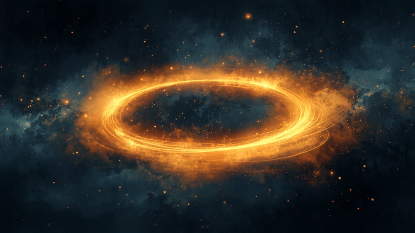 A continuous glowing ring of golden light looping endlessly into itself in a deep cosmos — the ouroboros, the body that renews itself
