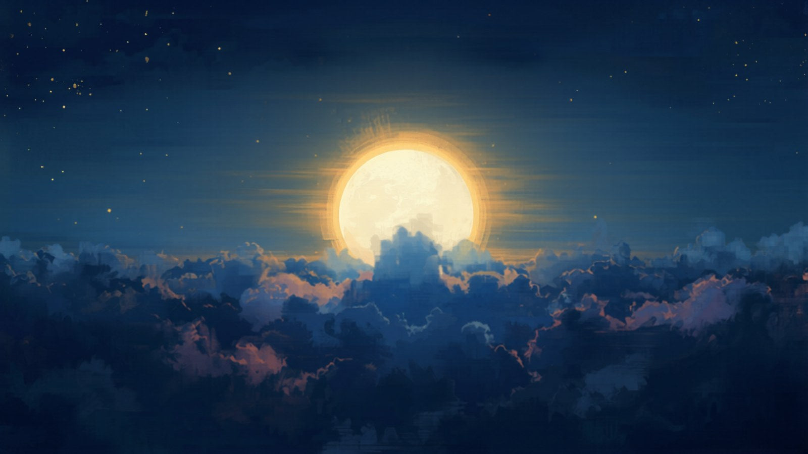 A luminous full moon with a gold halo over indigo clouds