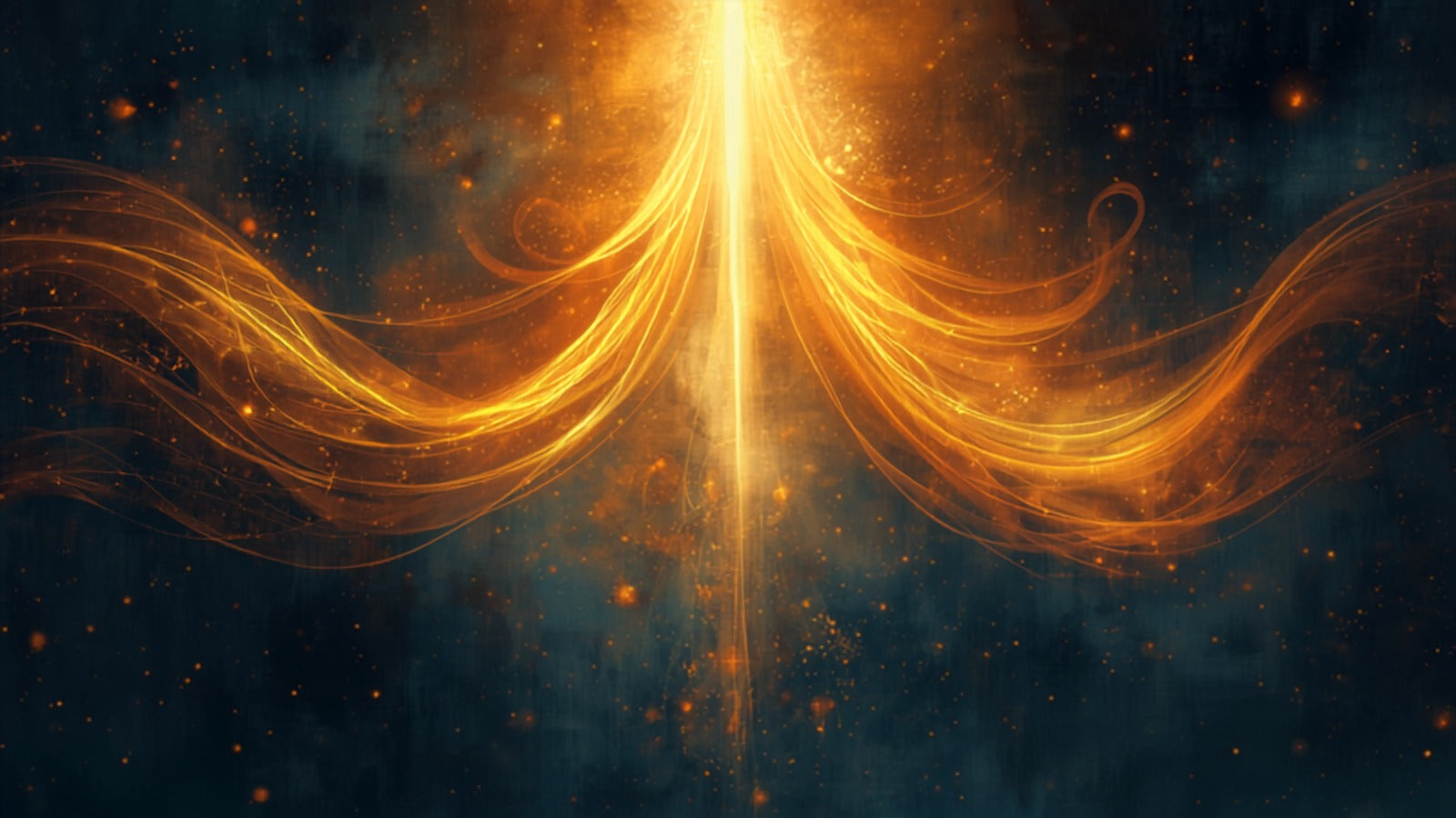 Two golden streams spiraling around a straight central column of light rising vertically in a deep cosmos — Ida, Pingala, and Sushumna
