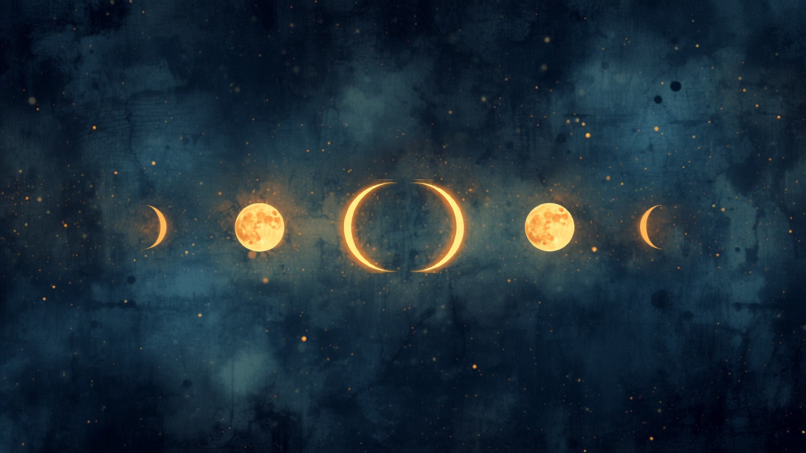 Four glowing golden moon phases turning around a ring in a deep cosmos — the four seasons of the menstrual cycle