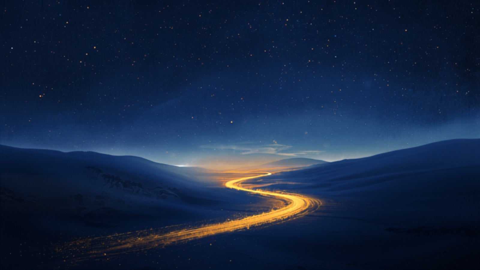 A single soft golden path of light winding naturally into the distance through a calm landscape under a deep cosmos — the Tao, the Way
