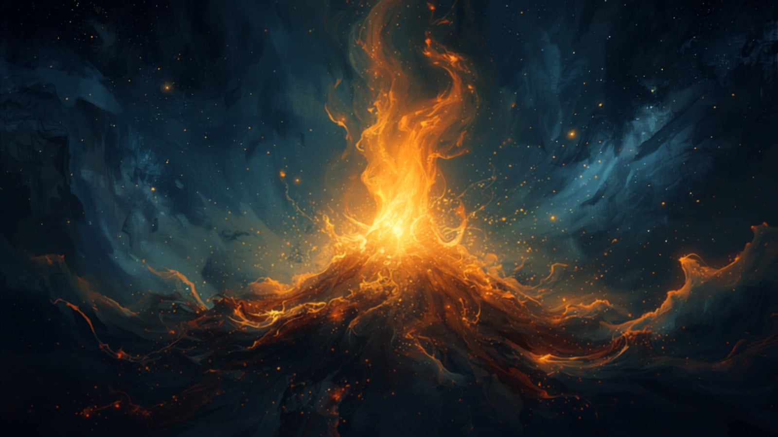 A golden flame transforming dense dark matter below into rising bright light and embers in a deep cosmos — agni, the transformative fire