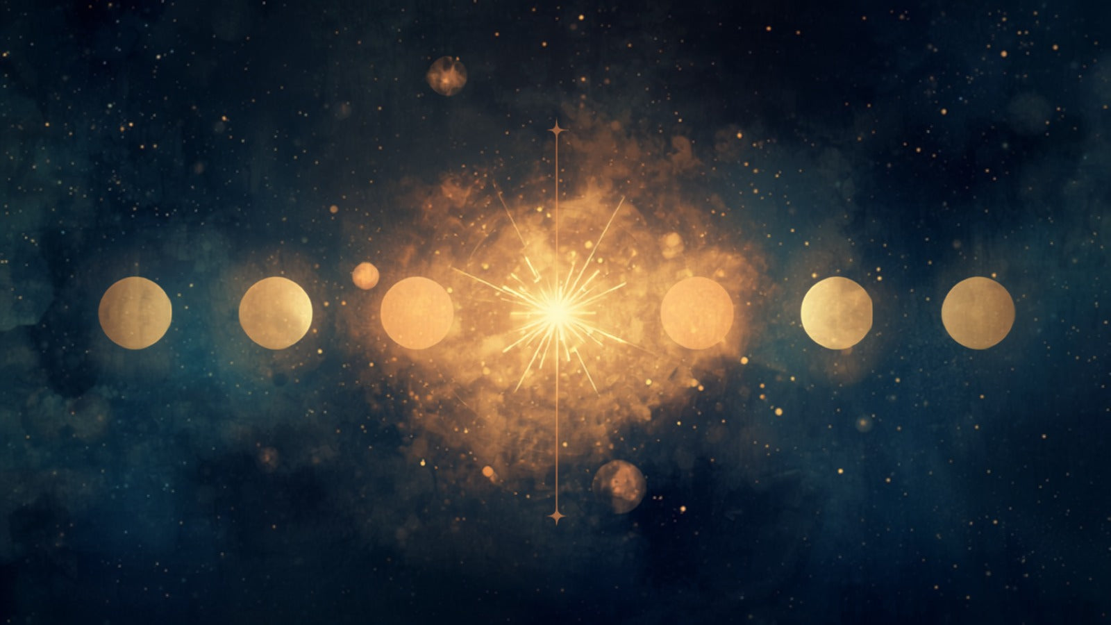 Four soft orbs of warm light around a single brighter ethereal point of golden-white radiance that animates them, in a deep cosmos — the quintessence