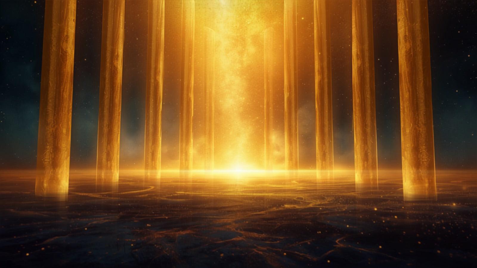 A row of tall radiant pillars of golden light standing in a starry cosmic temple — the god-forms of the planets