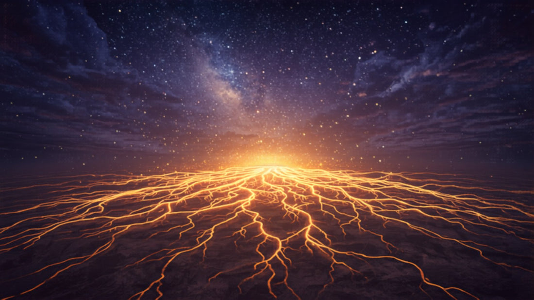 Luminous roots in textured earth beneath a starry sky