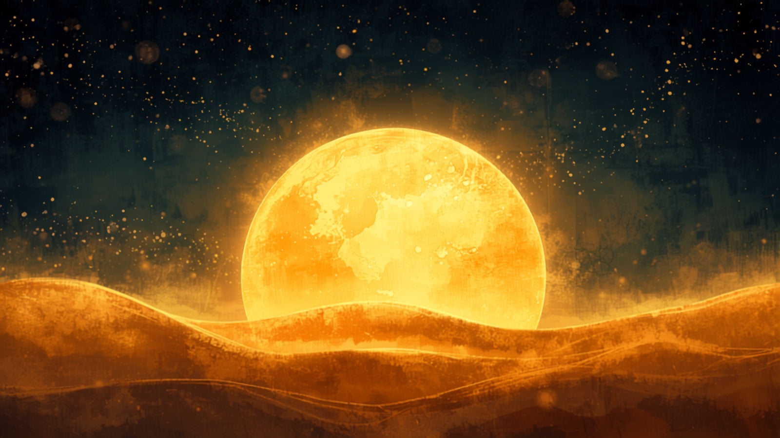A warm abundant glow of golden light gathering low on the horizon like a harvest moon over fields of grain in a deep cosmos — Ceres
