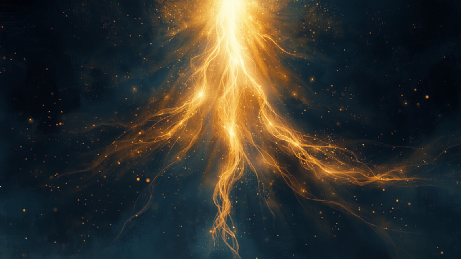 Two streams of golden light, one rising and one descending, weaving into one radiant fabric in a deep cosmos — Tantra, the weaving of spirit and matter