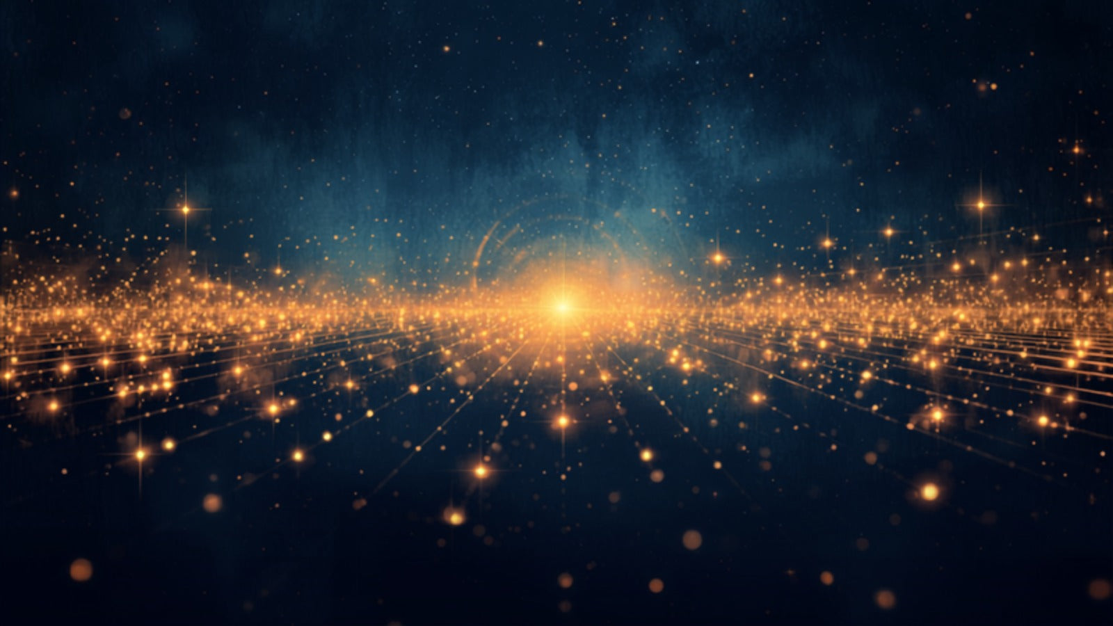 Ordered clusters of golden points of light in rhythmic progression, joined by fine lines of ratio, in a deep cosmos — the body as number