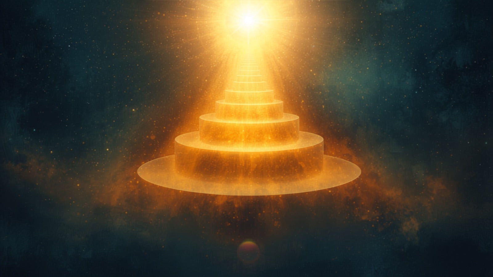 A brilliant point of golden light at the top with graded tiers of softer light descending like a stairway of emanations into a deep cosmos — the Neoplatonic ladder of being