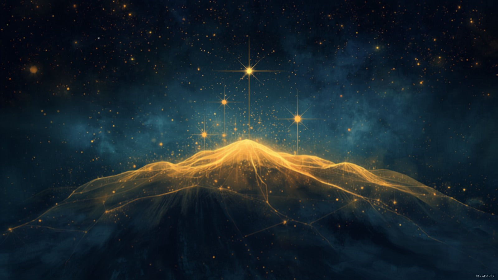 Seven points of golden light arranged like the mounts of an open palm, connected by fine lines into a hand-shaped constellation, in a deep cosmos — palmistry