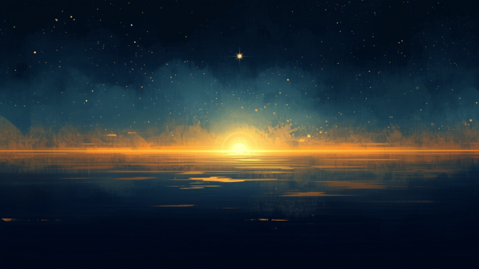 A soft golden horizon band where deep night meets the first gold of dawn, a single low star above, in a deep cosmos — the threshold hour before sunrise