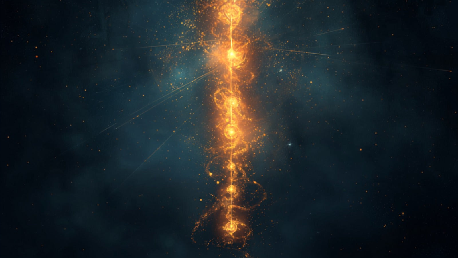 A column of seven golden lights rising through a deep cosmic dark — the chakra ladder as a spine of stars