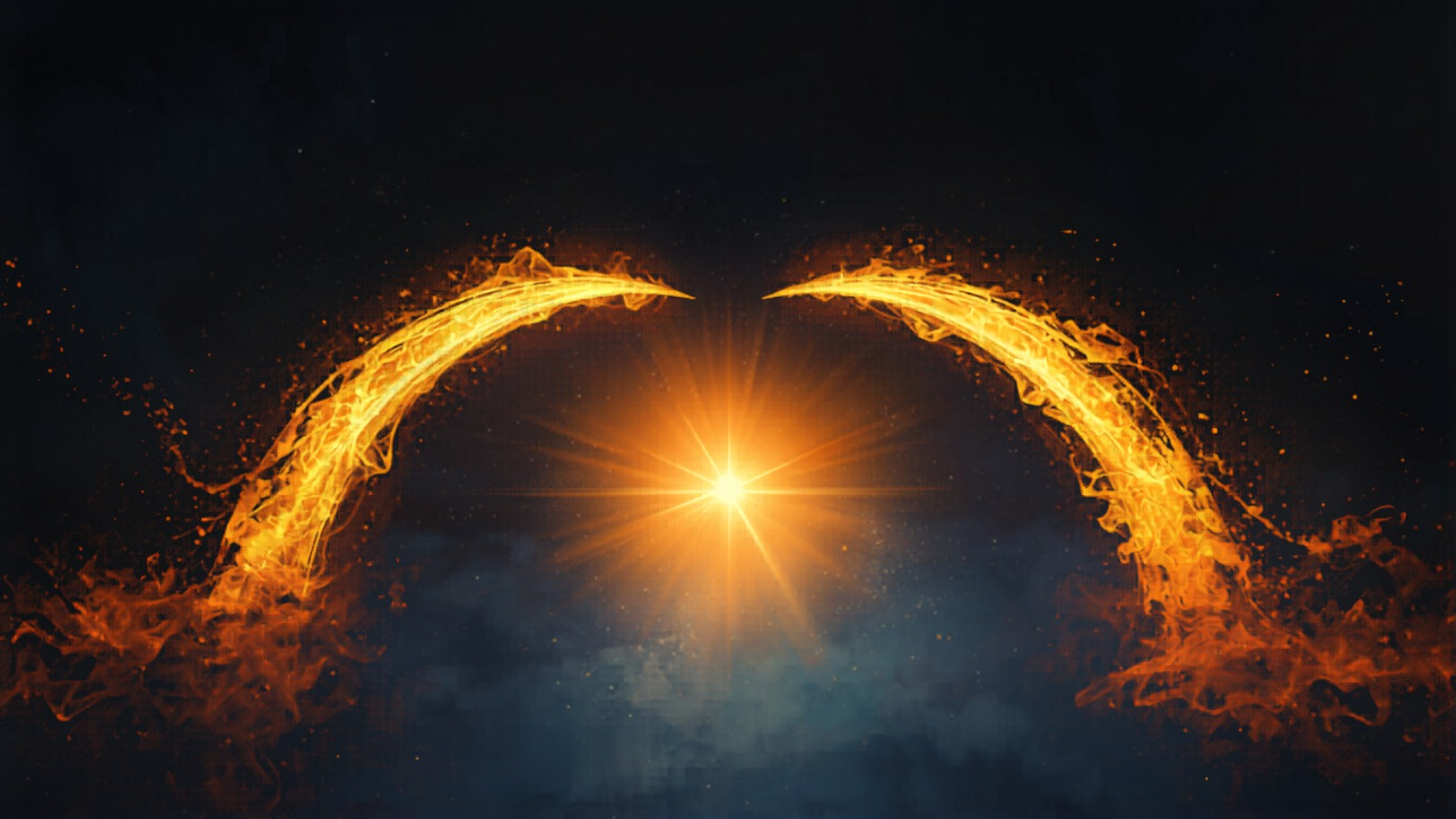 Two sweeping arcs of golden fire rising like horns from a bright cardinal flare in a deep cosmic dark — Aries, the head