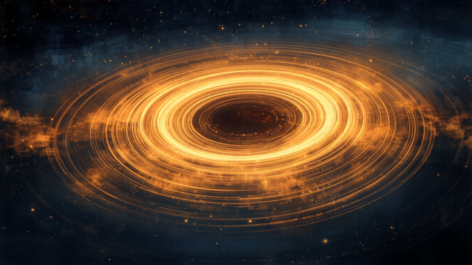 Concentric golden rings and ripples of light resonating outward like sound waves in a deep cosmic dark — the music of the spheres