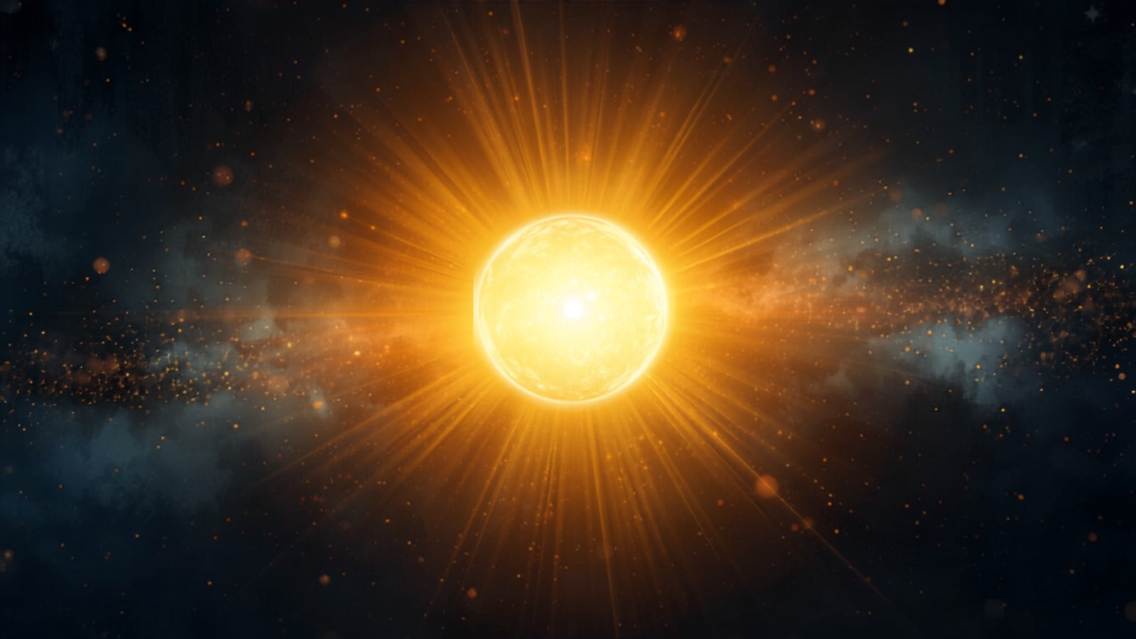A radiant golden sun blazing warm and steady at the center of a deep cosmic dark — Leo, the heart and the spine