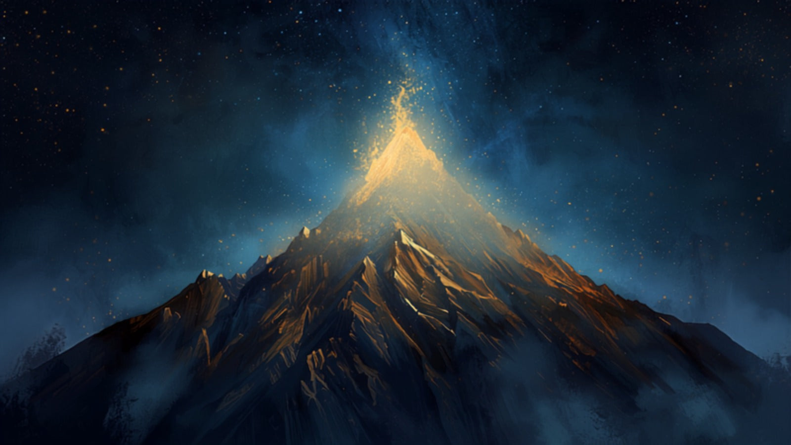 A golden mountain peak rising into a deep starry cosmos, solid and enduring — Capricorn, the knees, bones, and the long climb