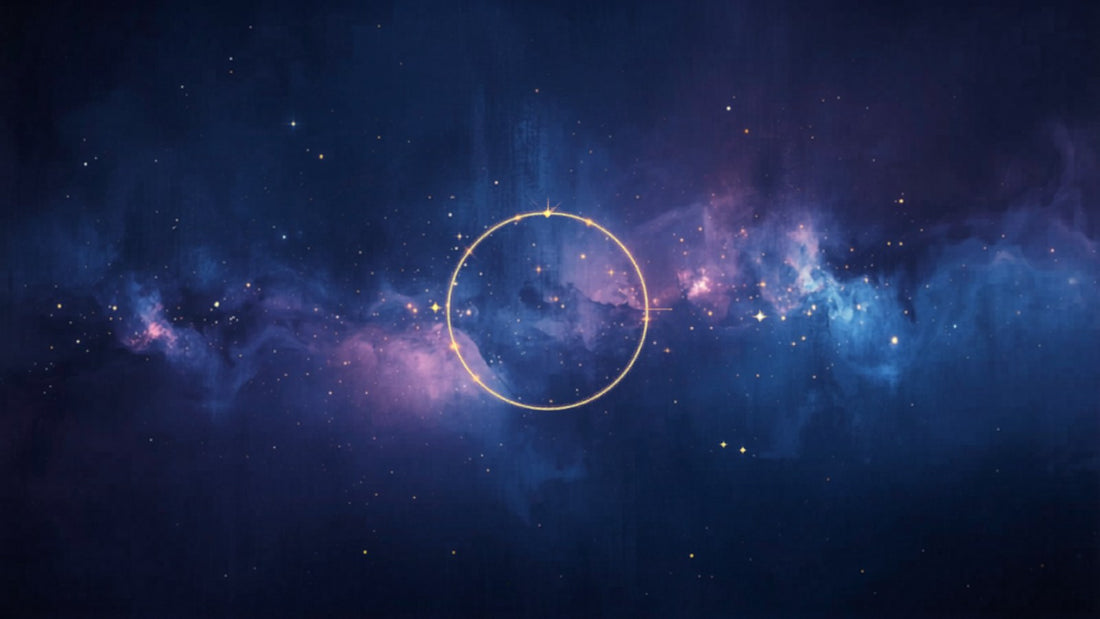 A luminous celestial chart ring over a deep indigo cosmic sky