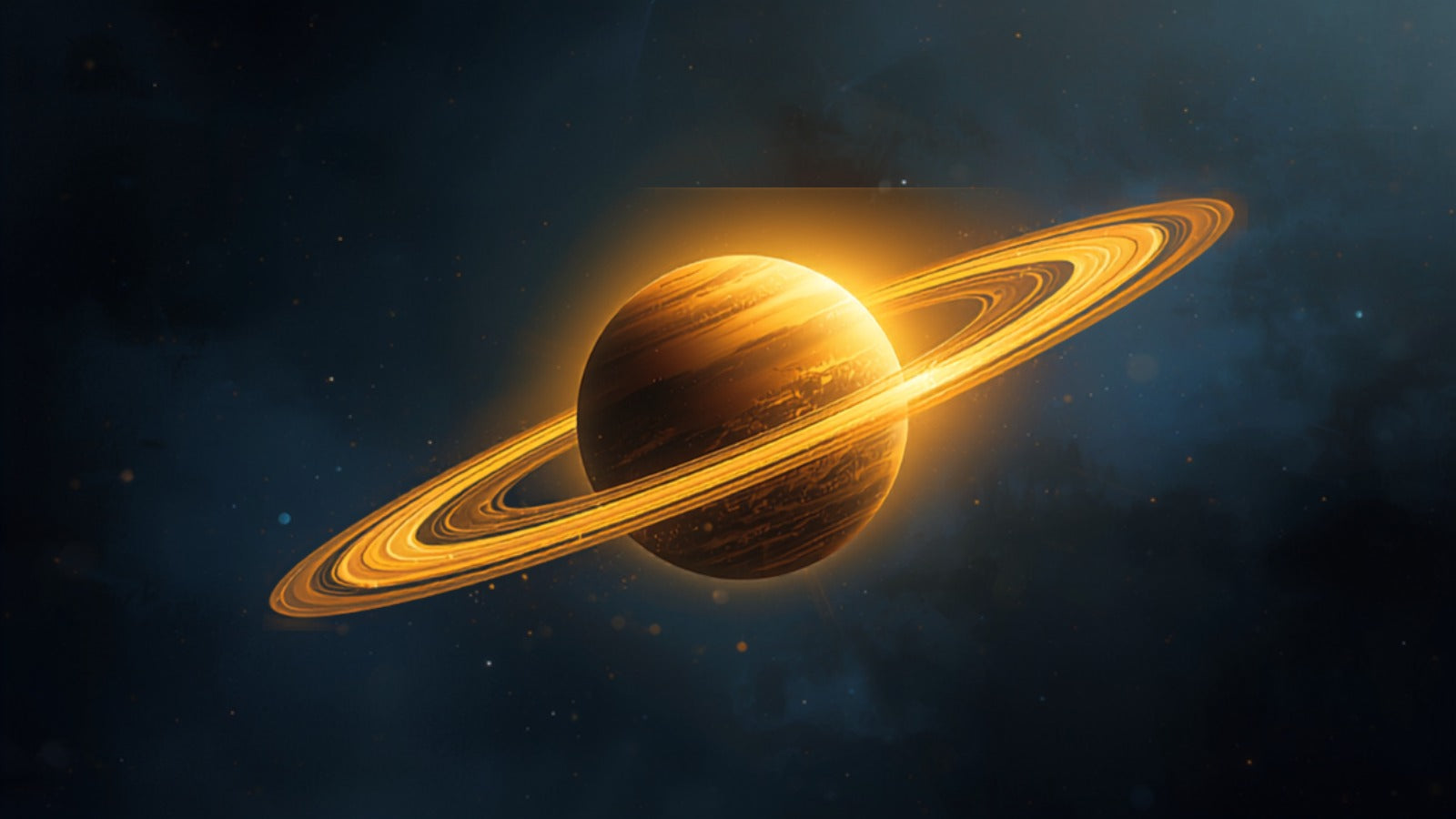 A luminous golden ringed planet encircled by a broad tilted ring in a deep cosmos — Saturn, lord of structure and time
