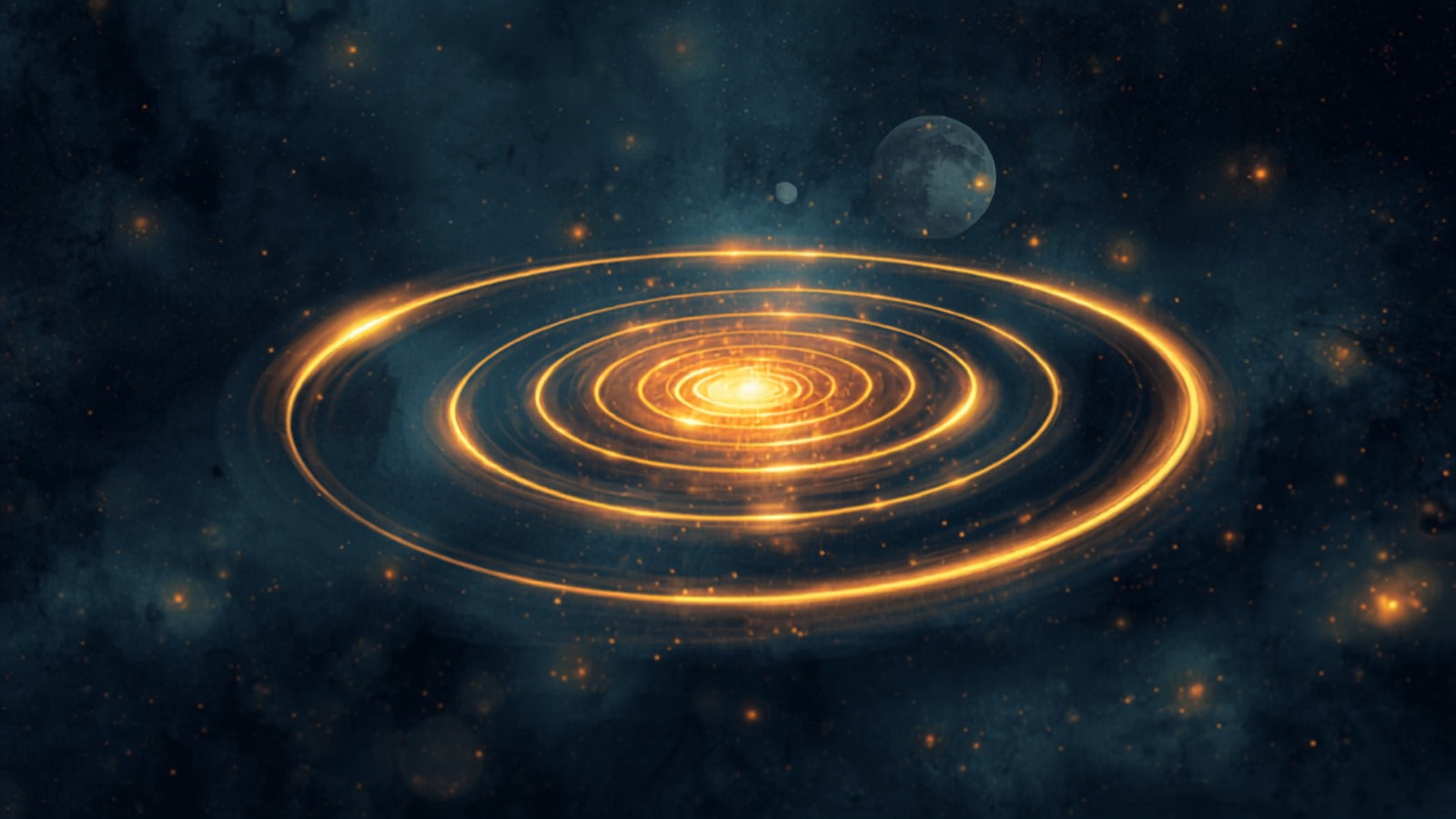 A single winding golden path coiling inward to a glowing center, a luminous labyrinth in a deep cosmos
