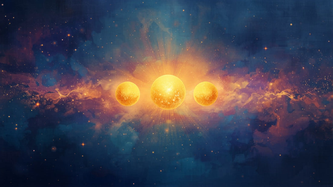 Three luminous golden orbs in cosmic balance