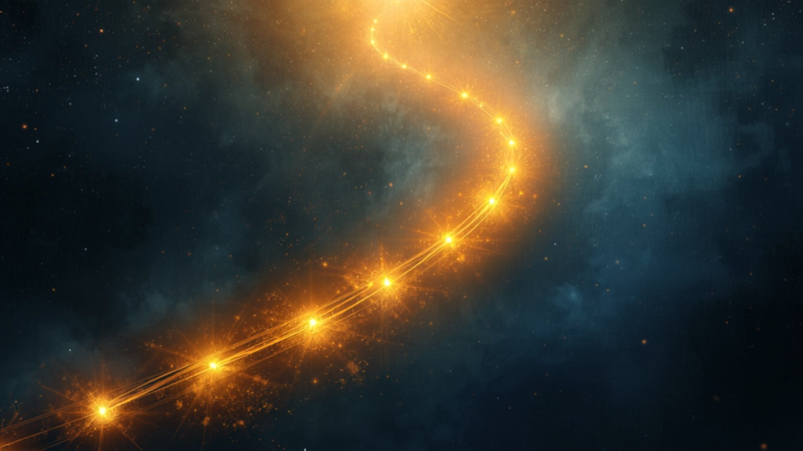 A luminous golden path descending through twelve glowing points from a bright crown to a soft base in a deep cosmos — the zodiac as a journey down the body